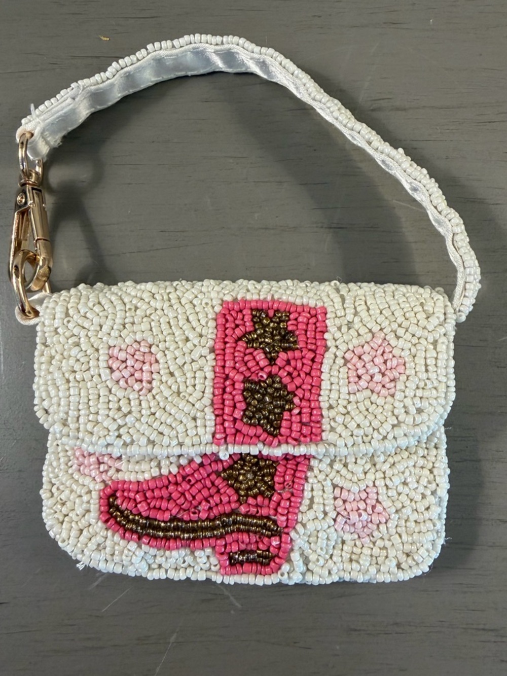 Sincerely Jules Bead Cowboy Boot Mini Pouch Wristlet White Pink Coin Purse Clip